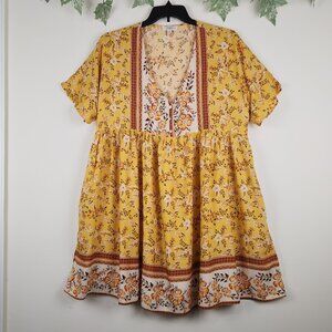 Umgee Plus Size XL Yellow Multi Floral Print Boho V-Neck Dress with Pockets